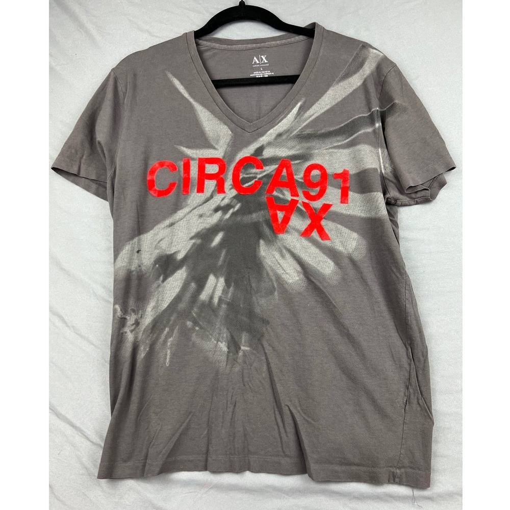 Armani Exchange T-Shirt Womens Large Circa 91 VX Gray V-Neck Graphic Tee Fair